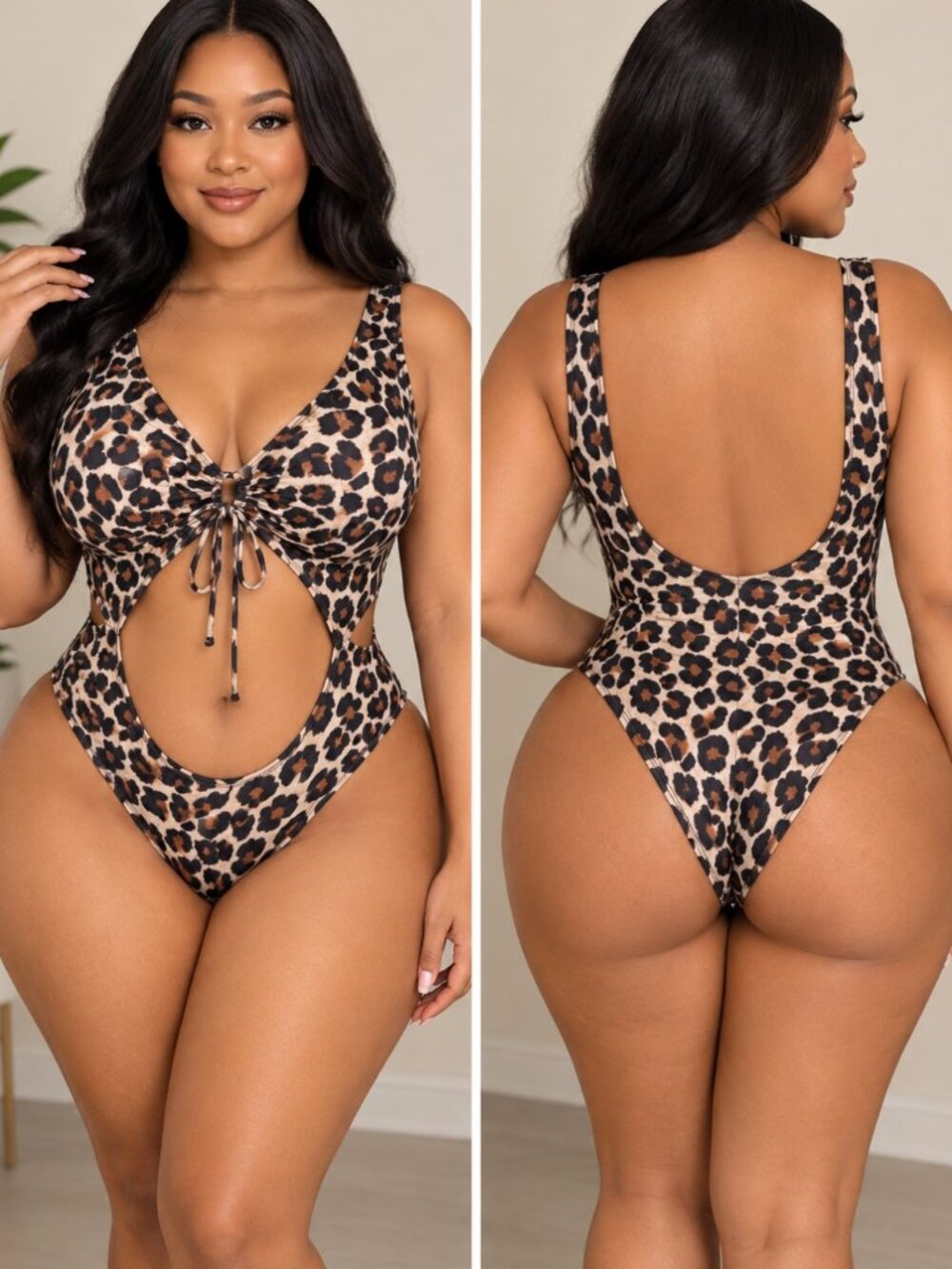 Leopard Print Resort Wear Cutout One Piece Swimsuit Brown, Black Size 2XL